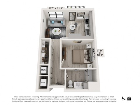 Floor plan for 1 bed, 1 bath, 590 sqft